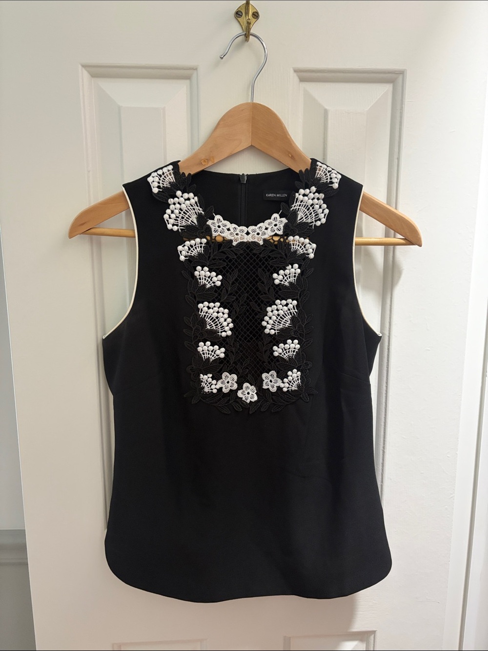 Karen Millen Black Sleeveless Camisole with White Floral Appliqué